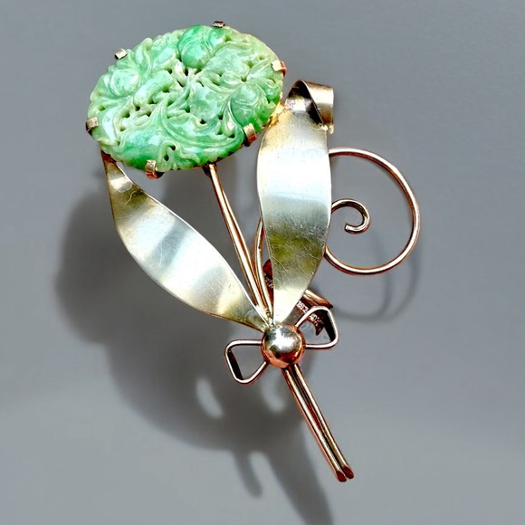 🌺RARE Vintage Sterling/Gold Jadeite Flower Brooch - Picture 3 of 16